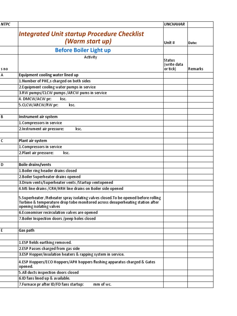 Integrated Unit Startup Procedure Checklist (Warm Start Up) Before
