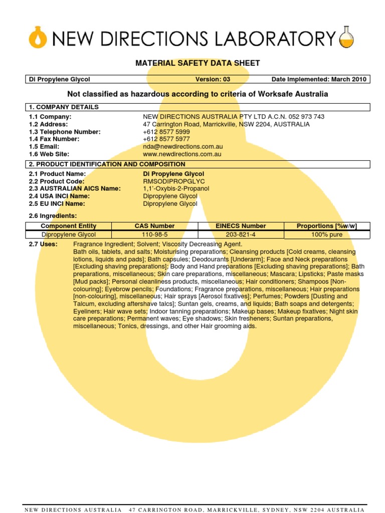 Di Propylene Glycol MSDS PDF Personal Protective Equipment