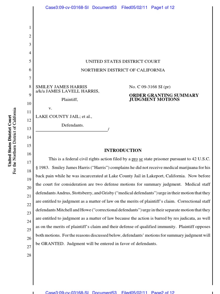 Harris v. Lake County Jail 1983 MSJ PDF Summary Judgment Burden