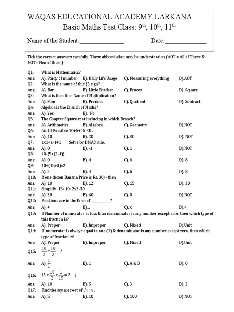 Basic Maths Quiz for Students | PDF | Mathematical Concepts | Algebra