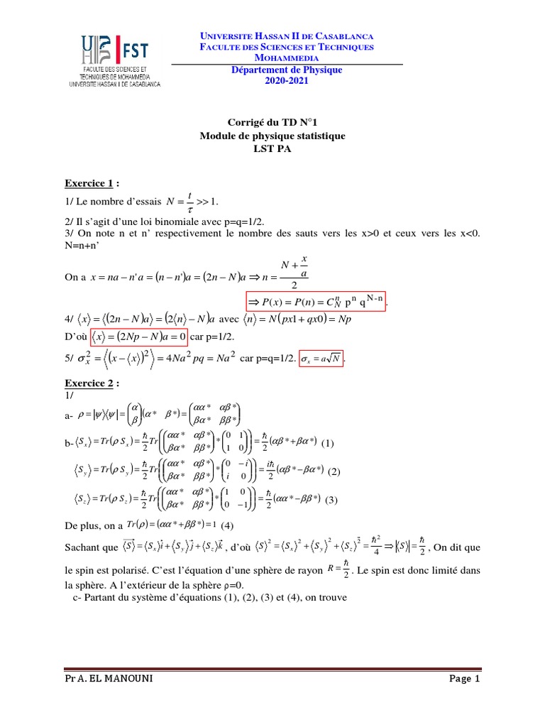 Corrigé TD de Physique Statistique | PDF | Mathématiques | Physique ...