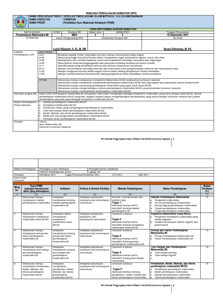 2021-RPS-Pembelajaran Math MI | PDF