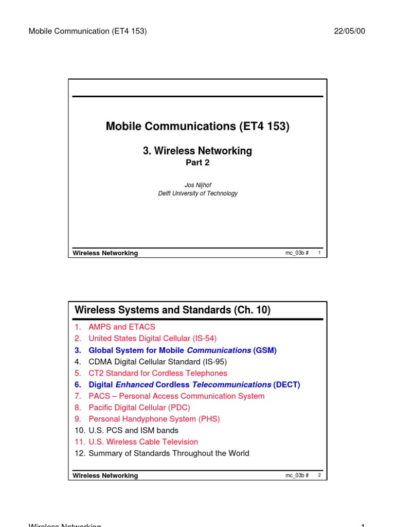 Mobile Communications (ET4 153) : 3. Wireless Networking | PDF