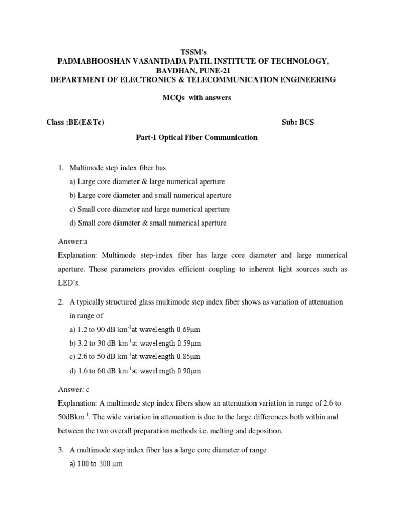 Multiple Choice Questions and Answers on Optical Fiber Communication