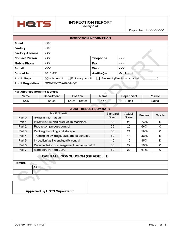Factory Audit Inspection Report H-XXXXXXX | PDF | Audit
