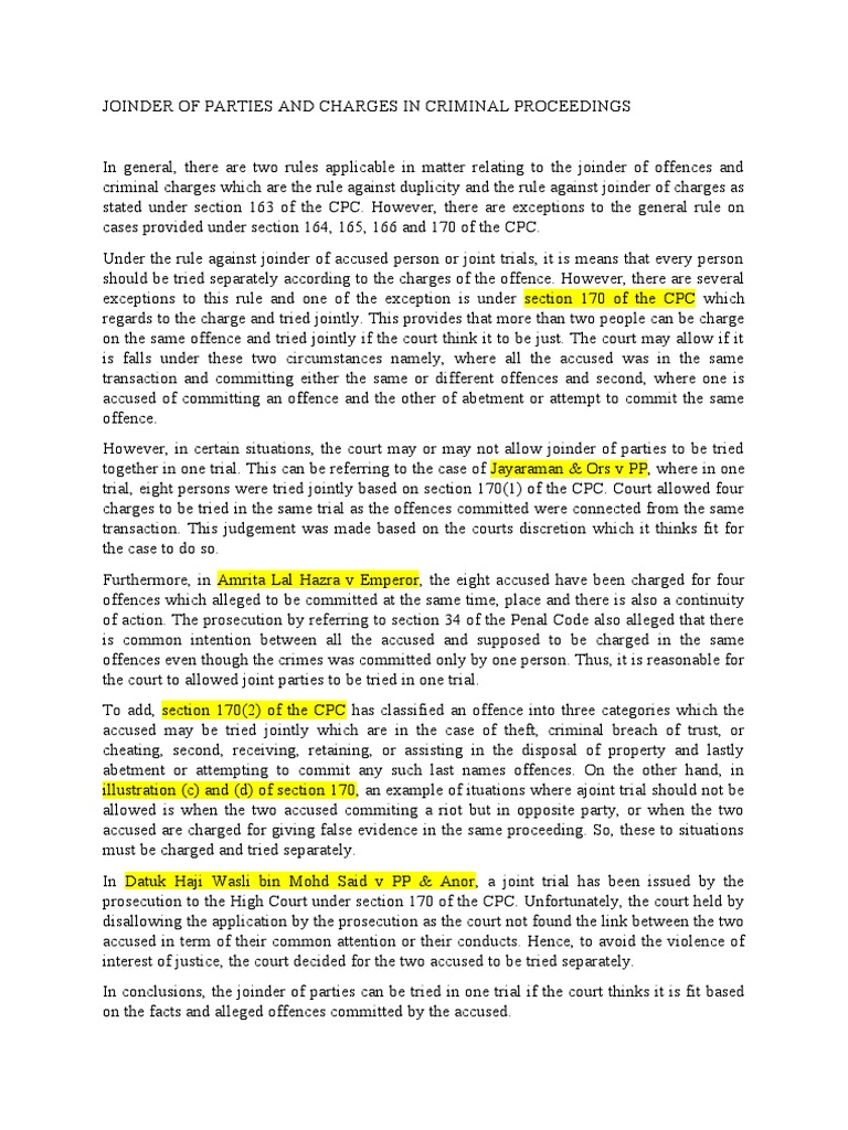 Joinder of Parties and Charges in Criminal Proceedings | PDF | Crimes ...