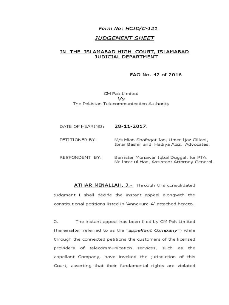 Judgement Sheet: Form No: HCJD/C-121 | PDF | Federal Government Of The ...