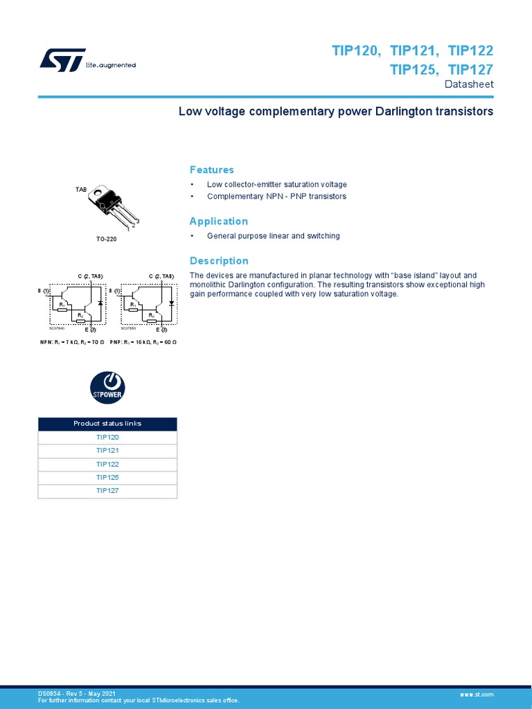 Low Voltage Complementary Power Darlington Transistors TIP120, TIP121