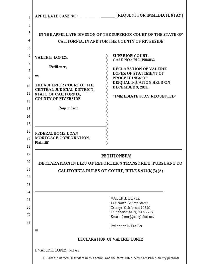 Petitioner'S Declaration in Lieu of Reporter'S Transcript, Pursuant To ...