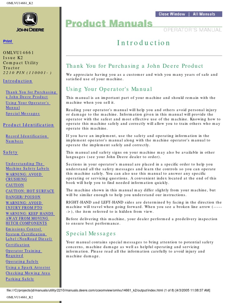 Thank You For Purchasing A John Deere Product: OMLVU14661 Issue K2 Compact Utility Tractor | PDF ...