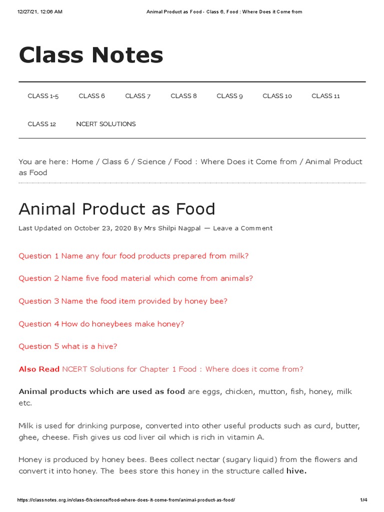 Animal Product As Food Class 6, Food Where Does It Come From PDF
