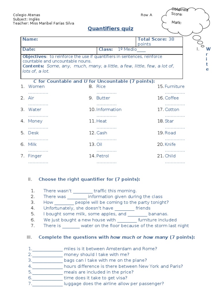 Quantifiers Quiz for English Students | PDF