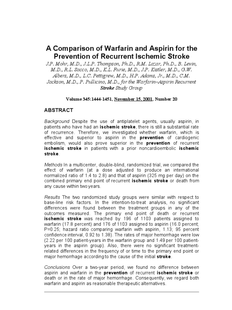 A Comparison of Warfarin and Aspirin For The Prevention of Recurrent ...