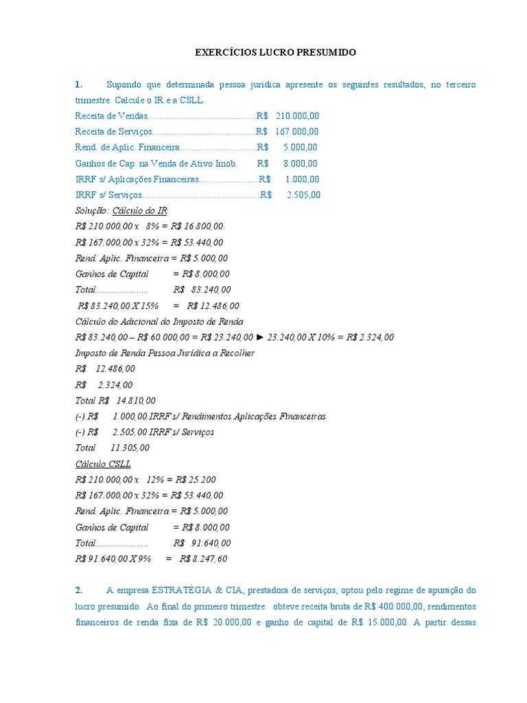 Lucro Presumido e Arbitrado Exercicios | PDF | Imposto de Renda | Impostos