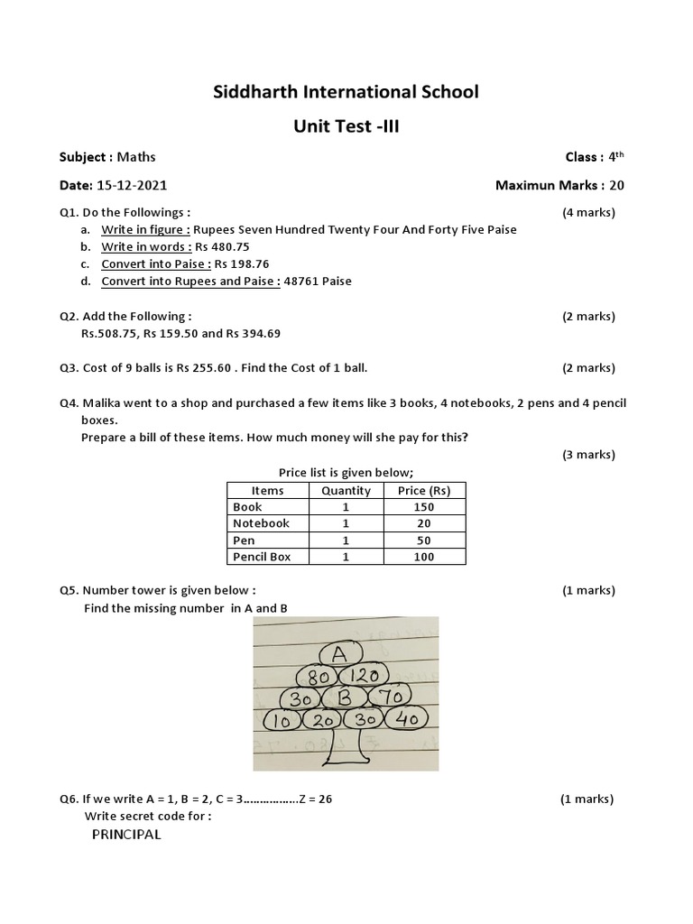 Class 4th Maths Test CHANGED | PDF