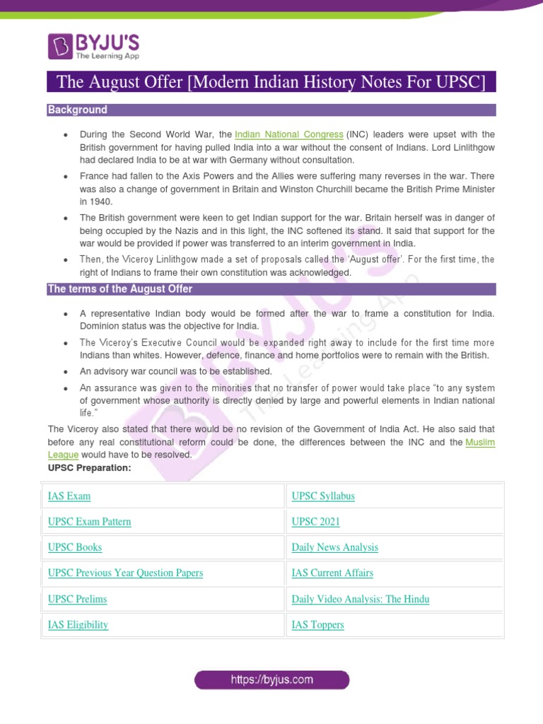 The August Offer (Modern Indian History Notes For UPSC) Background