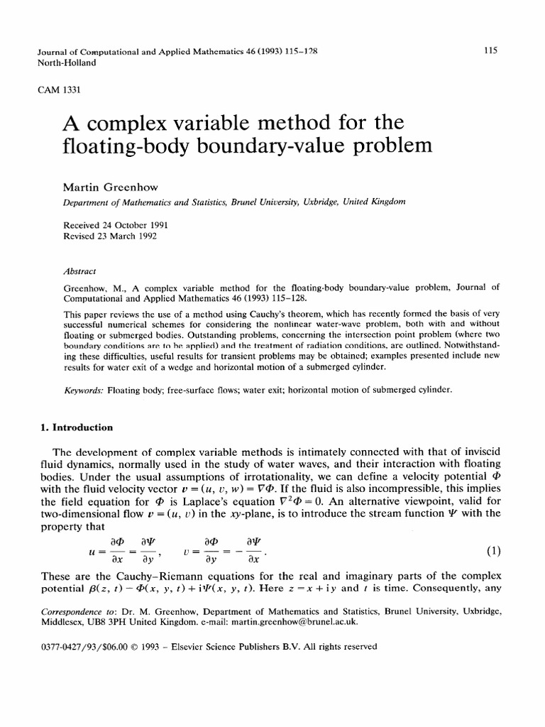Complex Variable Method for Floating Bodies | PDF | Fluid Dynamics | Waves