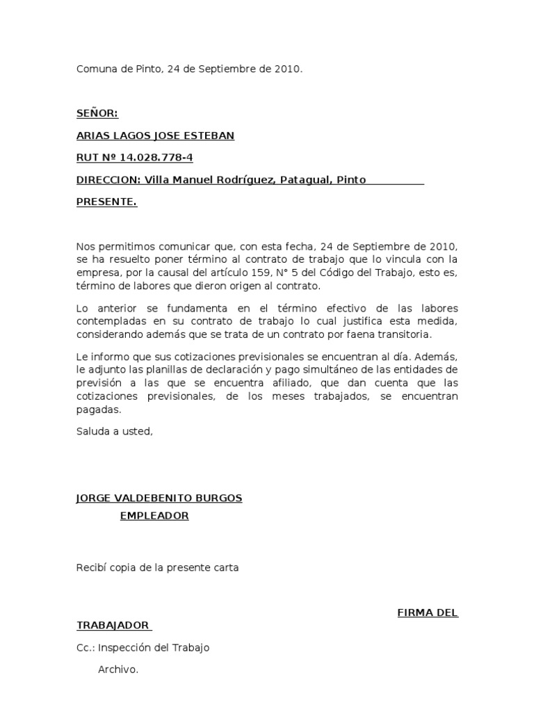 AVISO DE TÉRMINO DE CONTRATO DE TRABAJOART. 159 Nº5