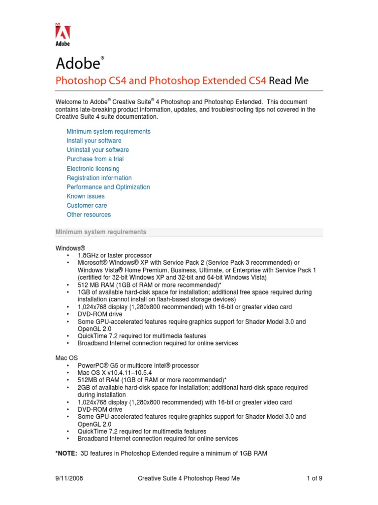 Photoshop CS4 Read Me | PDF | Adobe Photoshop | Adobe Creative Suite