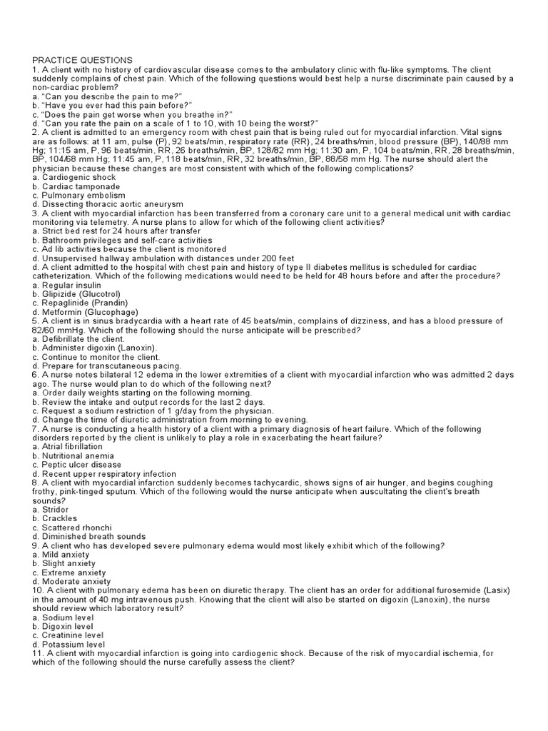 Cardiac Nursing Practice Quiz | PDF | Myocardial Infarction ...