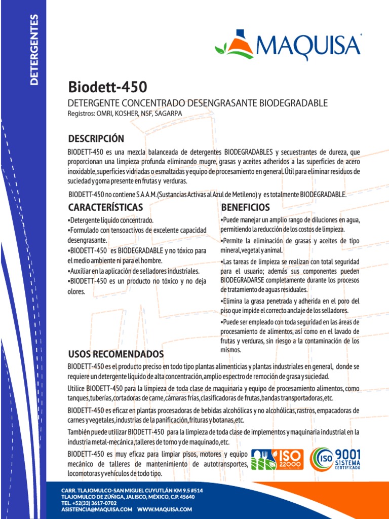 Ficha Técnica Biodett-450 Desengrasante | PDF | Detergente | Agua
