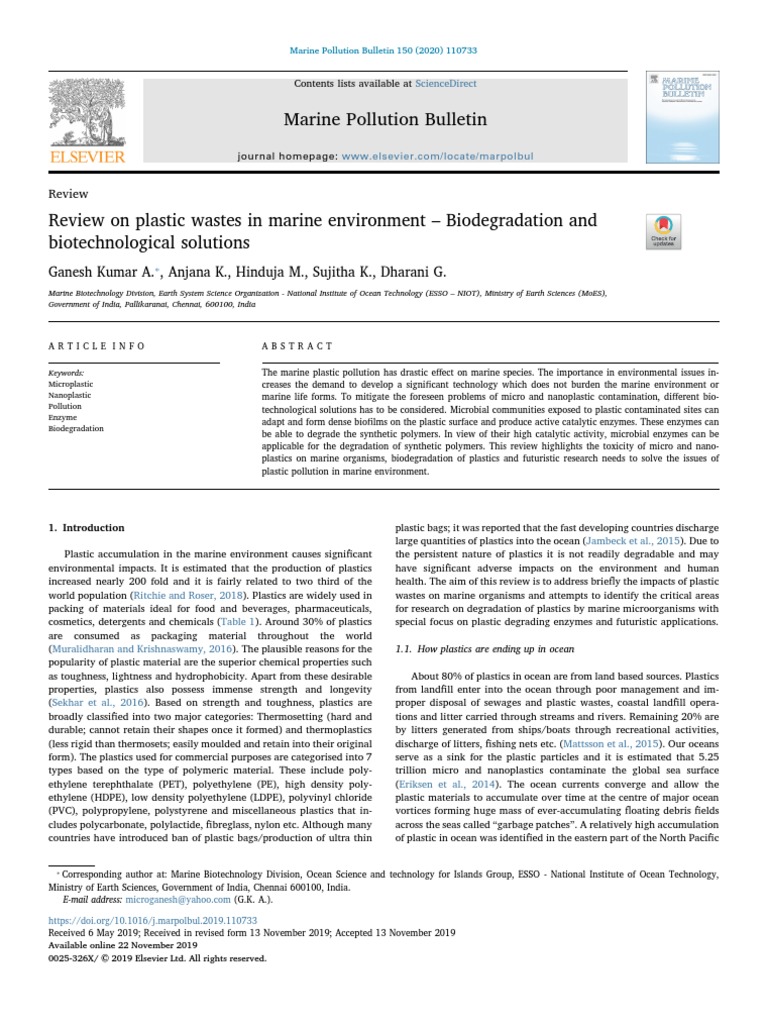 Review On Plastic Wastes in Marine Environment - Biodegradation and ...