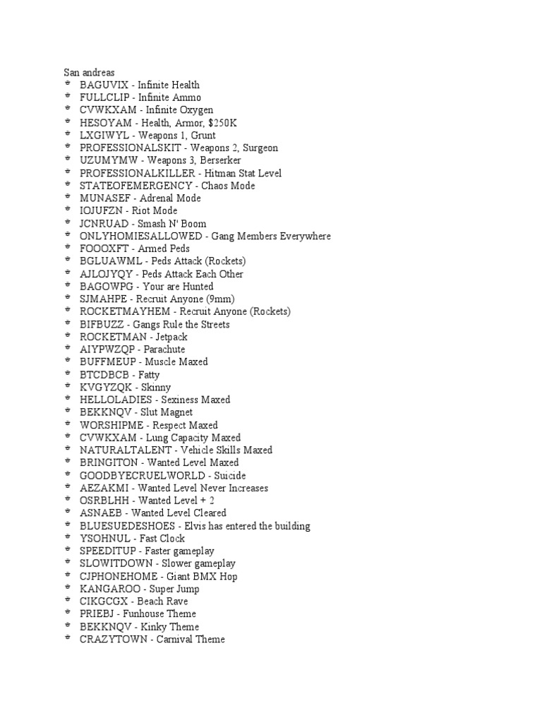 San Andreas Cheat Codes Guide | PDF | Transport | Vehicles
