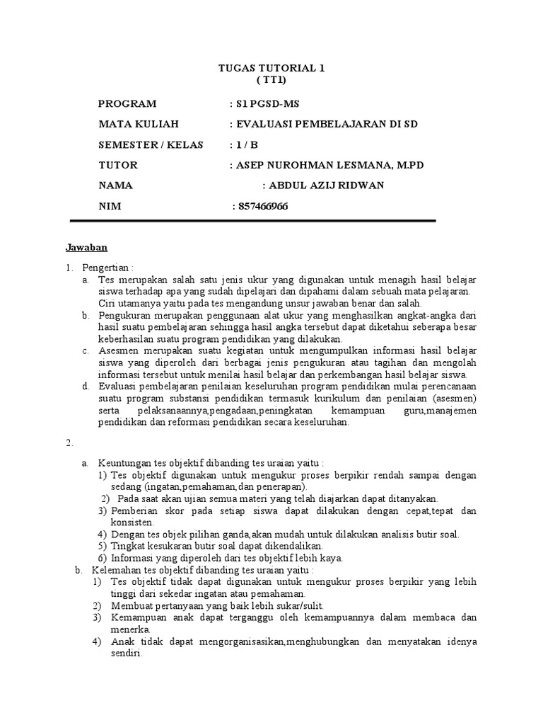 Evaluasi Pembelajaran SD oleh Tutor Ridwan | PDF | Karier & Perkembangan