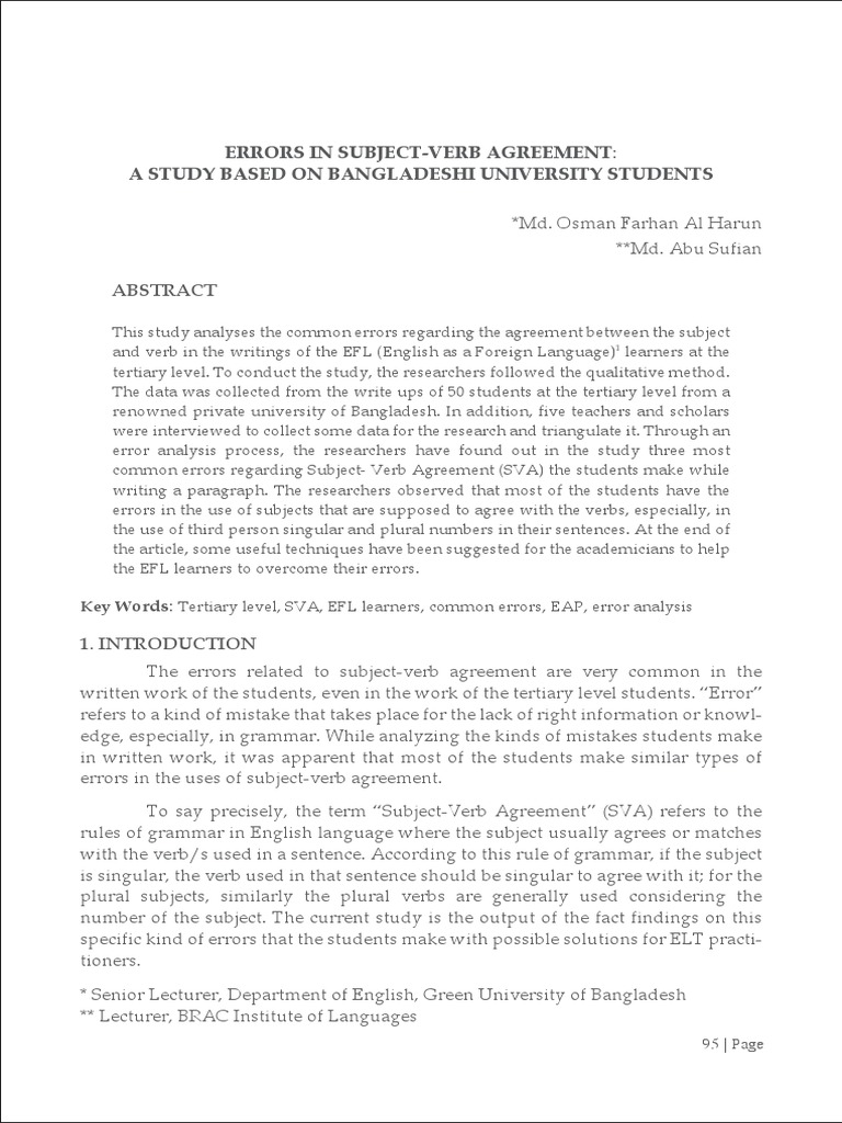 Errors in SubjectVerb Agreement A Study Based On Bangladeshi
