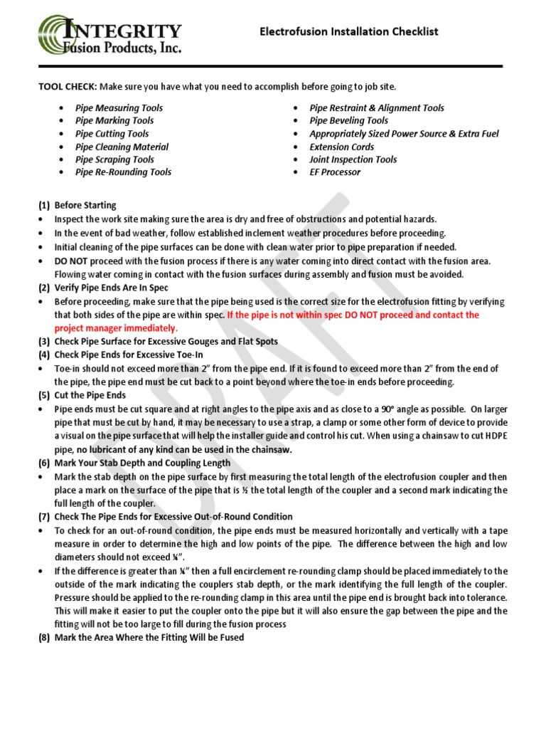 Electrofusion Installation Checklist: Tool Check | PDF | Pipe (Fluid ...