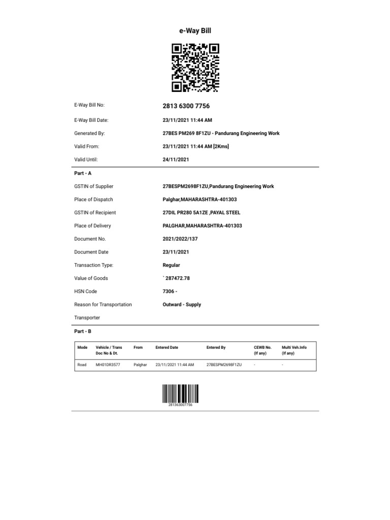E Way Bill E Way Bill No E Way Bill Date Generated By Valid From