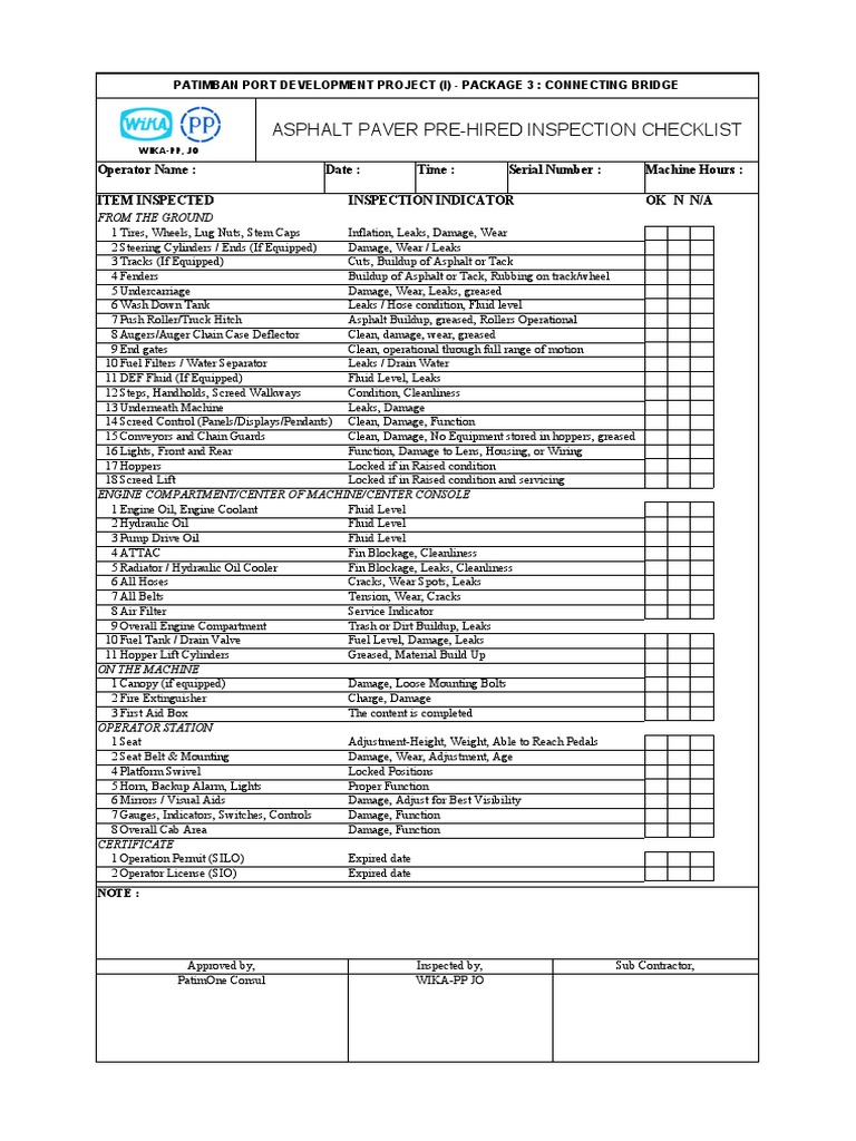 Asphalt Paver Inspection Checklist | PDF | Engines | Truck
