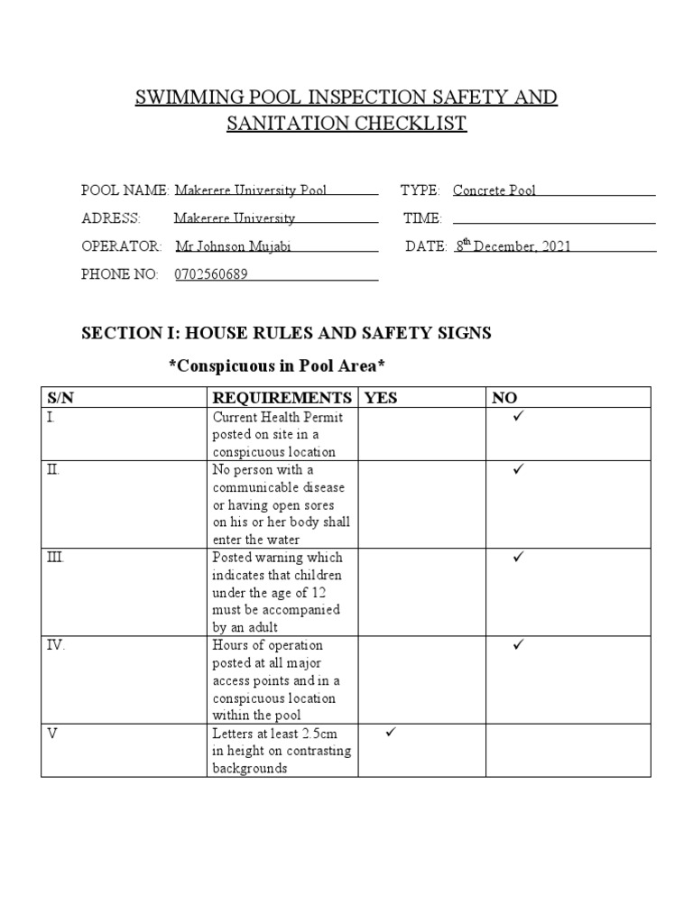 Swimming Pool Inspection Safety and Sanitation Checklist PDF Water Swimming Pool