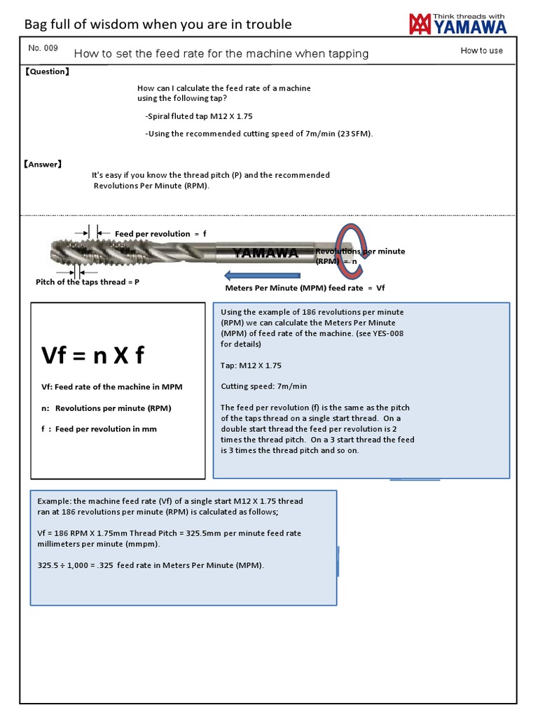 Tapping Feed Rate Calculation Guide | PDF | Screw | Machining