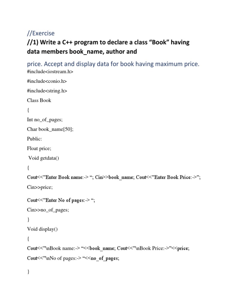 1) Write A C++ Program To Declare A Class "Book" Having Data Members ...