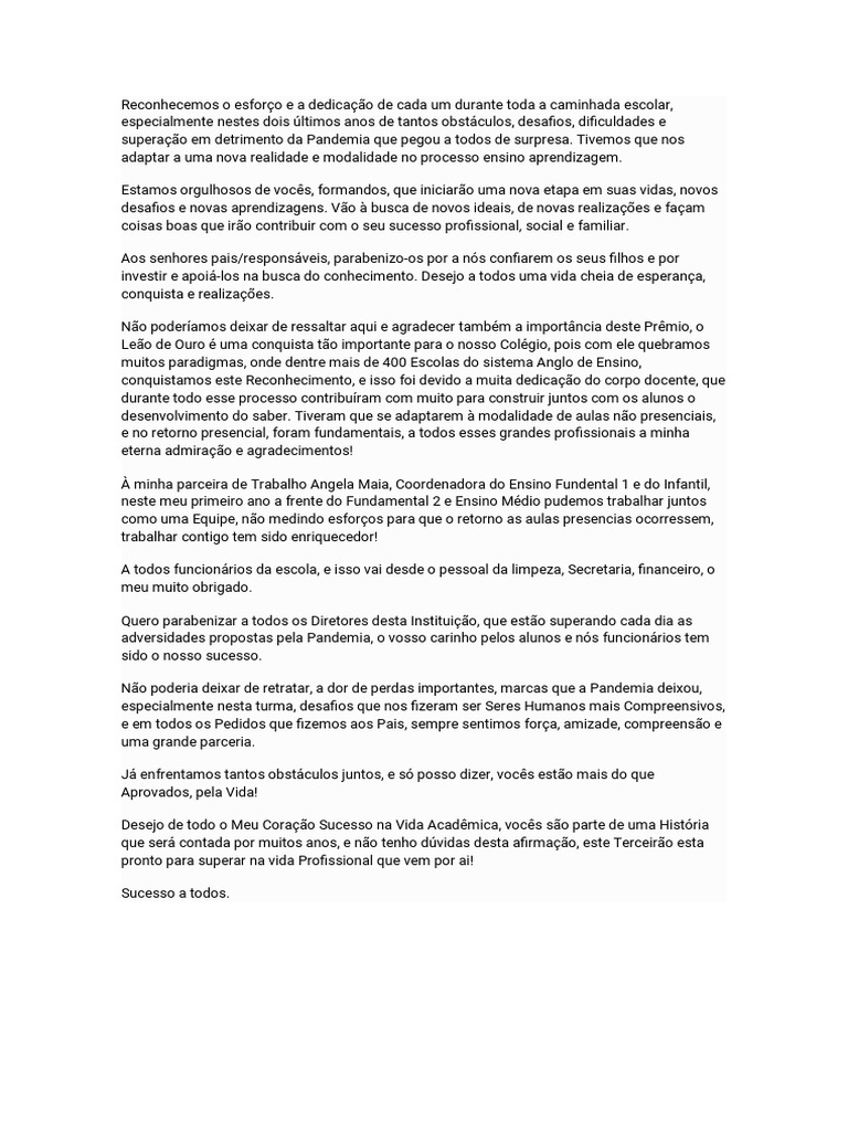 Discurso Formatura Ensino Médio | PDF | Escolas | Aprendizado, image size:768x1024