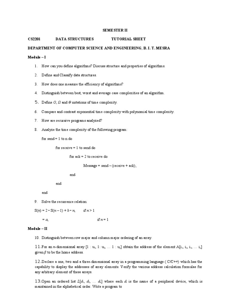 Semester Ii CS2201 Data Structures Tutorial Sheet Department of ...