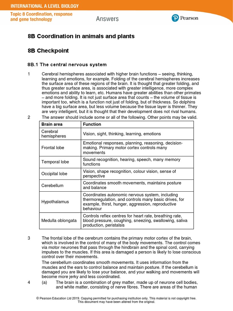 8B Coordination in Animals and Plants 8B Checkpoint: 8B.1 The Central ...
