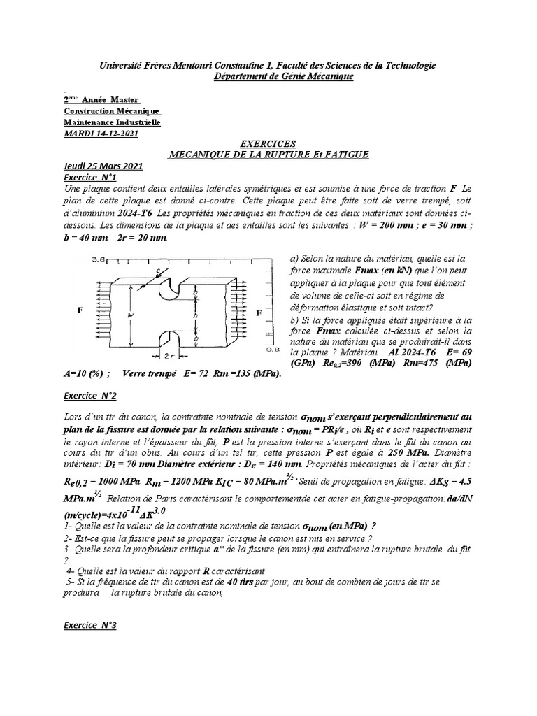 Exercices sur la Mécanique de la Rupture | PDF | Fatigue (matériau ...