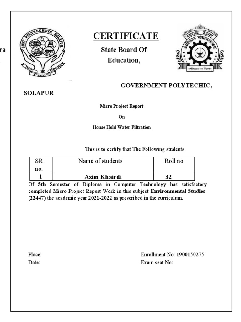 Certificate Government Polytechic, Solapur PDF Water Purification
