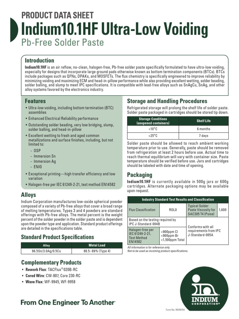 Indium10.1HF UltraLow Voiding PbFree Solder Paste PDF Solder