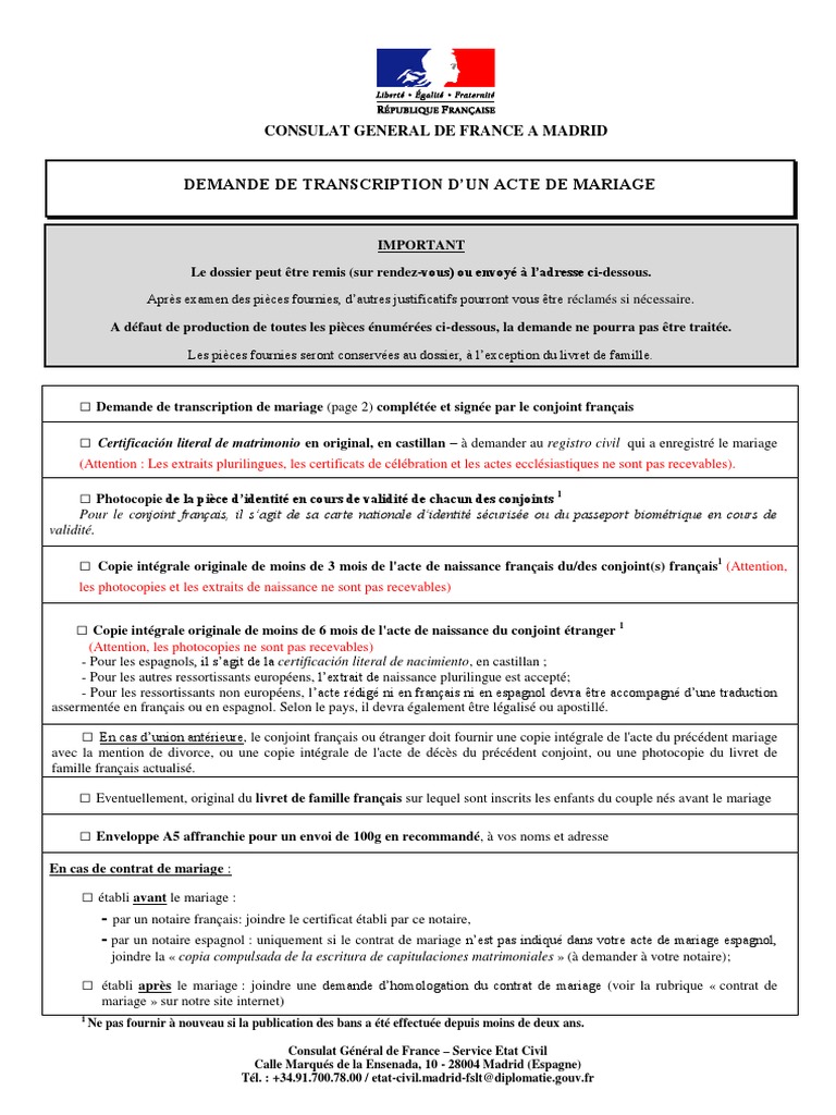 Demande de transcription acte de mariage | PDF | Certificat de ...