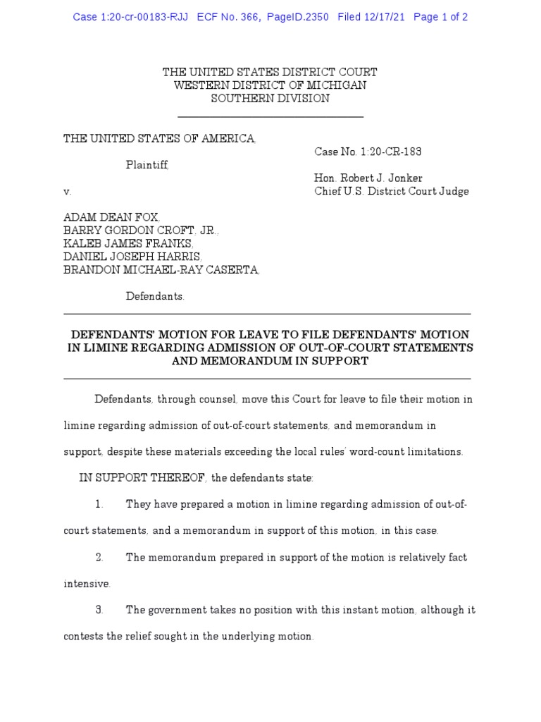 USA Vs Fox, Et Al Motion in Limine Out of Court Statements PDF