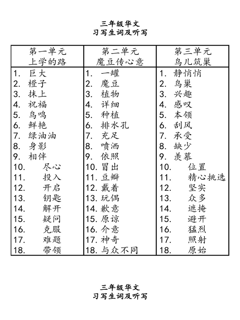 三年级华文 习写生词及听写 | PDF