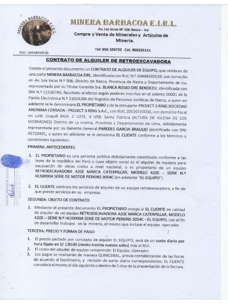 Contrato de Alquiler de Retroexcavadora | PDF
