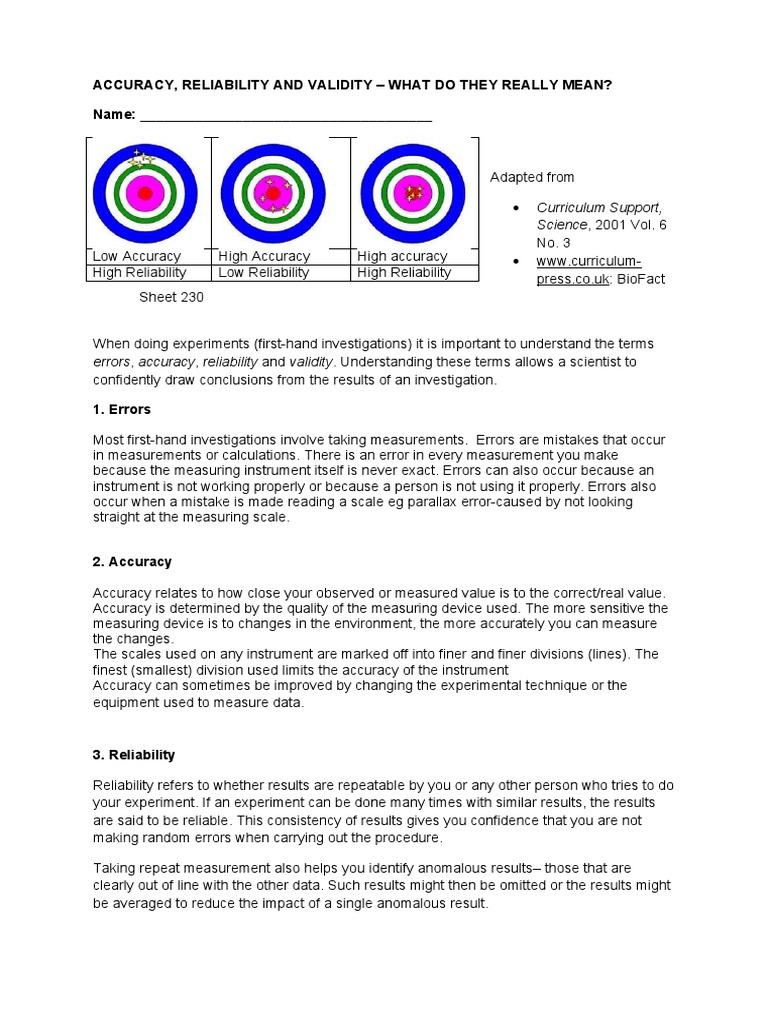 Reliability Accuracy and Validity | PDF | Experiment | Accuracy And ...