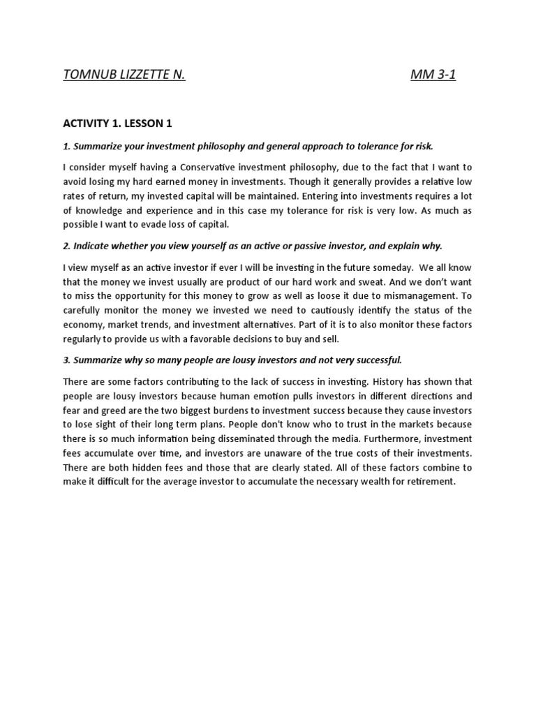 Act 1&2 and SAQ No Law PDF Investing Risk