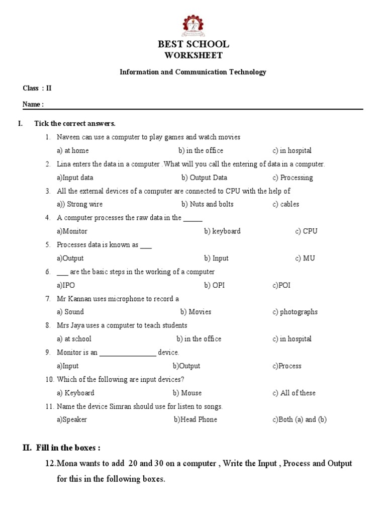 Class 2 Worksheet | PDF | Input/Output | Information Technology