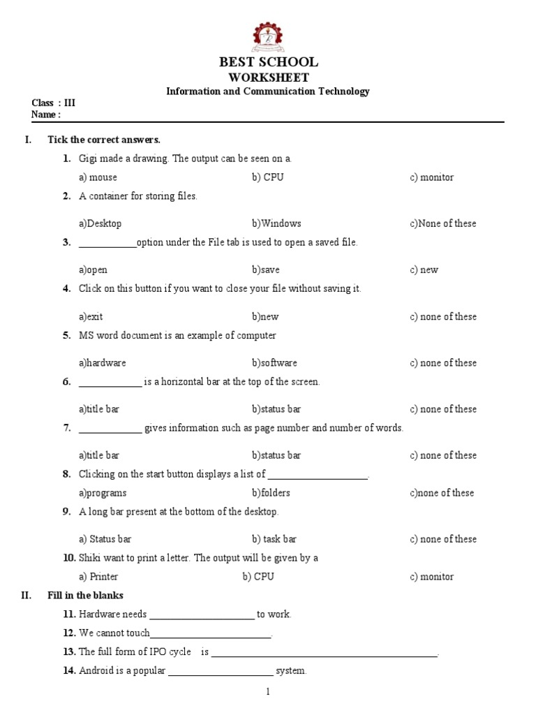 CLASS 3 Worksheet | PDF | Input/Output | Computer File