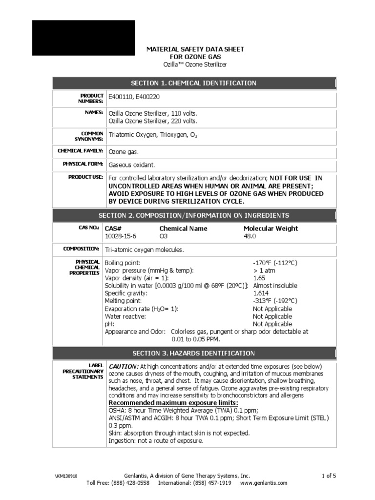 Ozilla MSDS PDF Ozone Sterilization (Microbiology)